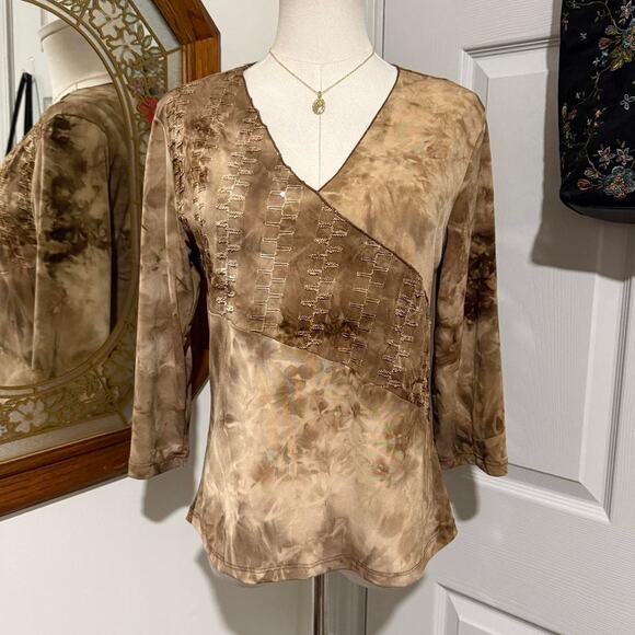 VTG Y2K Only Nine Light Brown Tie Dye Sequin Embroidered 3/4 Sleeve Boho Top M - Picture 3 of 8